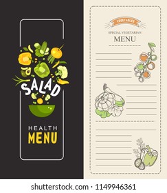 vector illustration vertical booklet menu salad for cafe special vegetarian food and healthy food vintage style black background