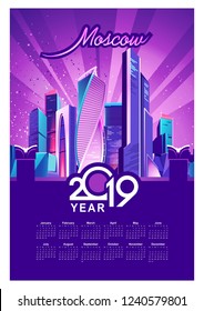 Vector illustration, vertical calendar 2019, night city illumination with neon lights Moscow Russia