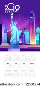 Vector illustration, vertical calendar 2019, night city illuminated by neon lights America New York