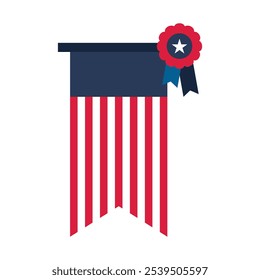 Vector illustration of vertical decoration with field for text, and medal with ribbons in colors of the USA flag. The flag appears to be flat with no folds or wrinkles. Patriotism, national holidays,