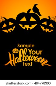 Vector illustration: Vertical design layout with Handwritten lettering of Halloween, pumpkins, raven and space for text.