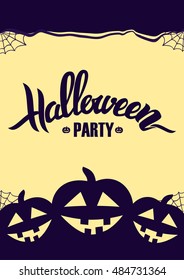 Vector illustration: Vertical design template background with Handwritten lettering of Halloween and pumpkins.
