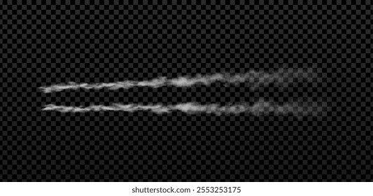 Vector illustration of vertical double smoke trail of rocket on transparent background. Vertical launch. Airplane condensation trails. Foggy effect. Isolated dark background.