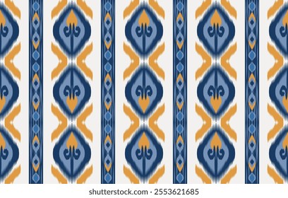 Vector illustration of vertical ethnic ikat pattern. Blue and orange tones Perfect for design, decorating, textiles, backgrounds or any creative project.
