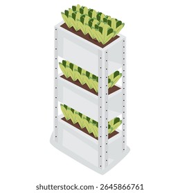 Vector illustration of a vertical farming system with leafy greens on multi-level shelves. Ideal for urban agriculture, sustainability, and hydroponics concepts.
