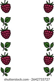 Vector illustration of a vertical frame with hand-drawn raspberries and leaves, perfect for summer designs and invitations.