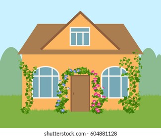 Vector Illustration of vertical gardening by climbing plants in flat style.