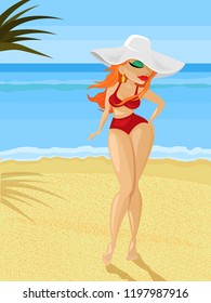 Vector illustration. Vertical. The girl in a bathing suit and hat against the background of the sea and the beach.