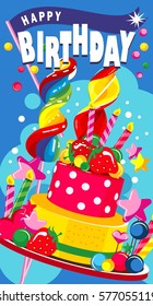 Vector illustration of a vertical greeting card happy birthday sweet treats and a cake with candles and berries