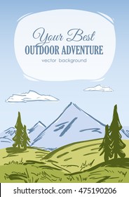 Vector illustration: Vertical Hand drawn Mountains Landscape with pines in the foreground. Colorful Sketch