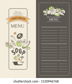 vector illustration vertical menu booklet for cafe special vegetarian food and healthy food vintage style black background first dish, soup