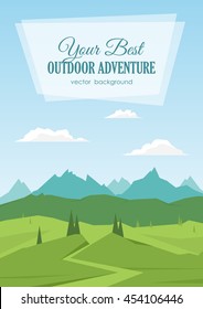 Vector illustration: Vertical Mountains landscape with road, pine, hills and space for text.