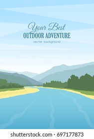 Vector illustration: Vertical Mountains landscape with river, forest and sky