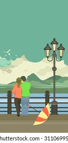 vector illustration of the vertical pier is a couple in love after rain