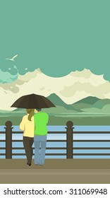 vector illustration of the vertical pier is loving couple under an umbrella