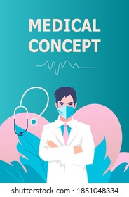 vector illustration vertical poster medicine concept, doctor cardiologist in mask on heart background