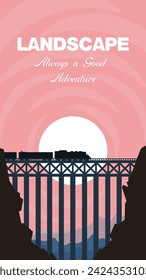 Vector illustration. Vertical poster. Morning landscape with sunrise. The railway passes through the bridge over the chasm. The train runs along the tracks. Pink sunrise. Train silhouette.