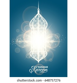 Vector illustration of vertical ramadan kareem blue color greeting invitation template with arabian pattern lantern, light effect, text sign