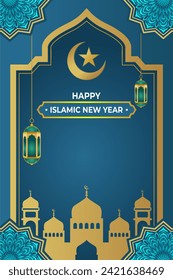Ilustración vectorial de la plantilla vertical del afiche Ramadán en azul, con linterna, perfecta para afiches, carteles, tarjetas de felicitación, etc.