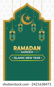 Vector illustration of vertical Ramadan poster template in green, with lantern, perfect for posters, banners, greeting cards, etc.