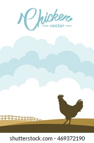 Vector illustration: Vertical scene with profile of Cock on background of farm field.