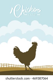 Vector illustration: Vertical scene with silhouette of Cock on background of farm field.