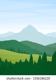 Vector illustration: Vertical Summer Mountains flat cartoon landscape with pine forest, hills and peak.