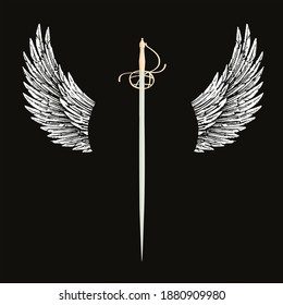 Vector illustration of a vertical sword with wings on black background. Vintage design for t-shirts or posters.	
