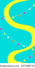 Vector illustration with vertical template for social media posts before Birthday event of creative people. Bright mockup for stories design. Garland lines with yellow wave
