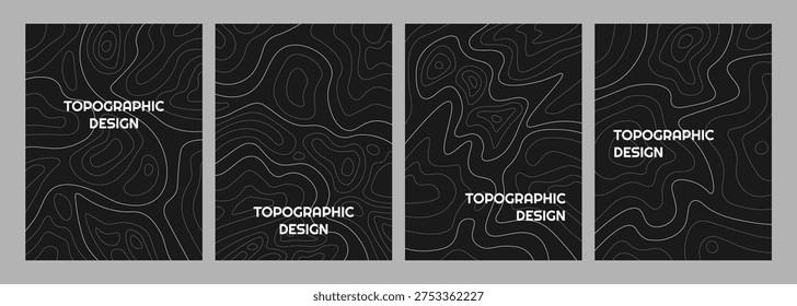 Vector illustration. Vertical topographic map on a dark background with white contour lines. Minimalist terrain elevation patterns for modern poster, book or magazine cover, flyer. Geography design