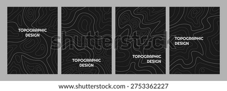 Vector illustration. Vertical topographic map on a dark background with white contour lines. Minimalist terrain elevation patterns for modern poster, book or magazine cover, flyer. Geography design