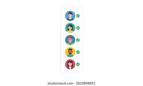 Vector illustration of a vertical user profile list widget showing team members with colorful circular avatars isolated on a white background.