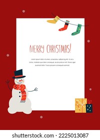 Vector illustration with vertical winter holidays background. Concept with colorful gifts, snowman and Merry Christmas lettering.