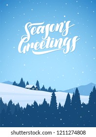 Vector illustration: Vertical Winter snowy mountains christmas landscape with cartoon houses and handwritten lettering of Season's Greetings.