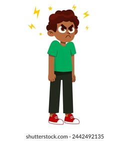 Vector illustration of a very angry boy standing in a pose, arms crossed, with a disgruntled look on them face. aggressive children
