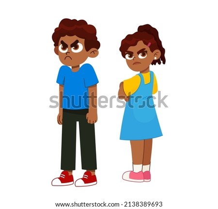 Vector illustration of a very angry boy and girl standing in a pose, arms crossed, with a disgruntled look on them face. aggressive children 
