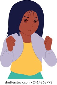 Vector illustration of a very angry girl, she screams and clenches her fists. Aggressive children