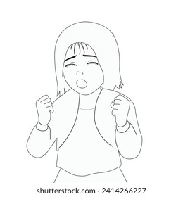 Vector illustration of a very angry girl, she screams and clenches her fists. Aggressive children. black and white