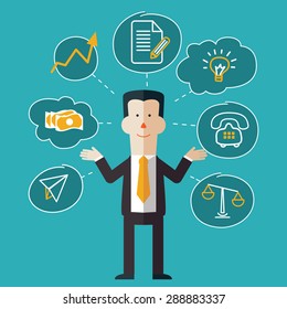 Vector Illustration of very busy businessman with multitasking