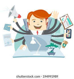 Vector Illustration of Very busy office man working hard by eight hands