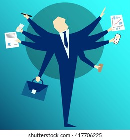 Vector Illustration of Very busy office man working hard by eight hands. vector. Business concept