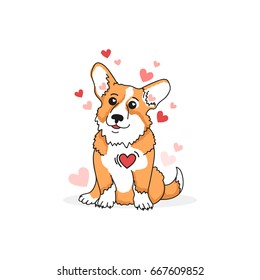Ilustración vectorial con corgi y corazón muy lindos. Feliz día de San Valentín. Postal con perro. 