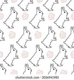 Vector illustration of very cute gray bunnies and pink flowers on a white background, seamless buttern.