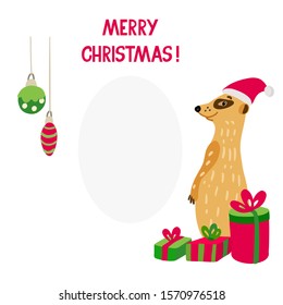 Vector illustration of a very cute meerkat with xmas gifts and Christmas decorations. Marry Christmas lettering. Place for your text. Isolated on white. Green and red colors.