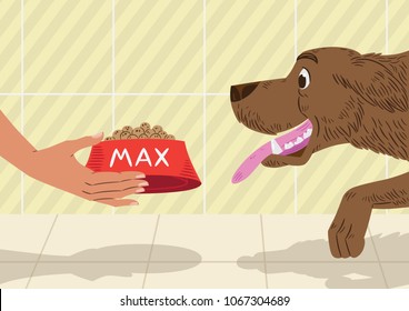 Vector illustration of a very happy dog while his owner's hand brings him a bowl full of feed. Cartoon style.