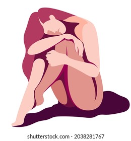 vector illustration of a very sad girl sits huddled in a pinched position, resting her head on her knees.perhaps she is a victim of domestic violence or abuse, physical and mental harassment, pressure