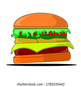 Vector illustration of a very tasty and delicious burger, with a white background