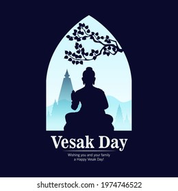 Vector Illustration Of Vesak Day Banner With The Silhouette Of Buddha Statue And Decorative Background Design. Vector Design With Decorative Buddhist Nuances. Vesak Day Vector Illustration