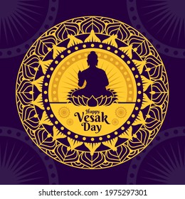 Vector illustration of Vesak Day banner with the silhouette of Buddha statue and decorative background design. Vector design with decorative Buddhist nuances. Vesak Day vector illustration