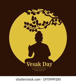 Vector Illustration Of Vesak Day Banner With The Silhouette Of Buddha Statue And Decorative Background Design. Vector Design With Decorative Buddhist Nuances. Vesak Day Vector Illustration